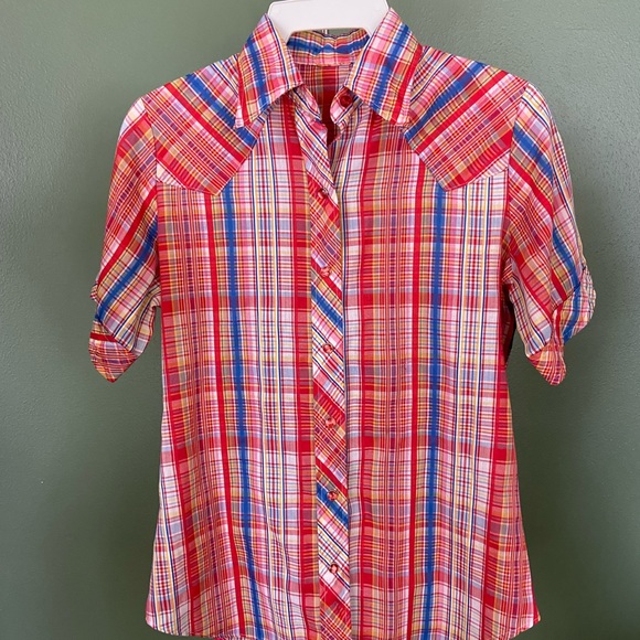 Vintage Shirt Womens S Red Plaid Snap 38” Chest Rockabilly Western 70s Cowgirl - Picture 2 of 8